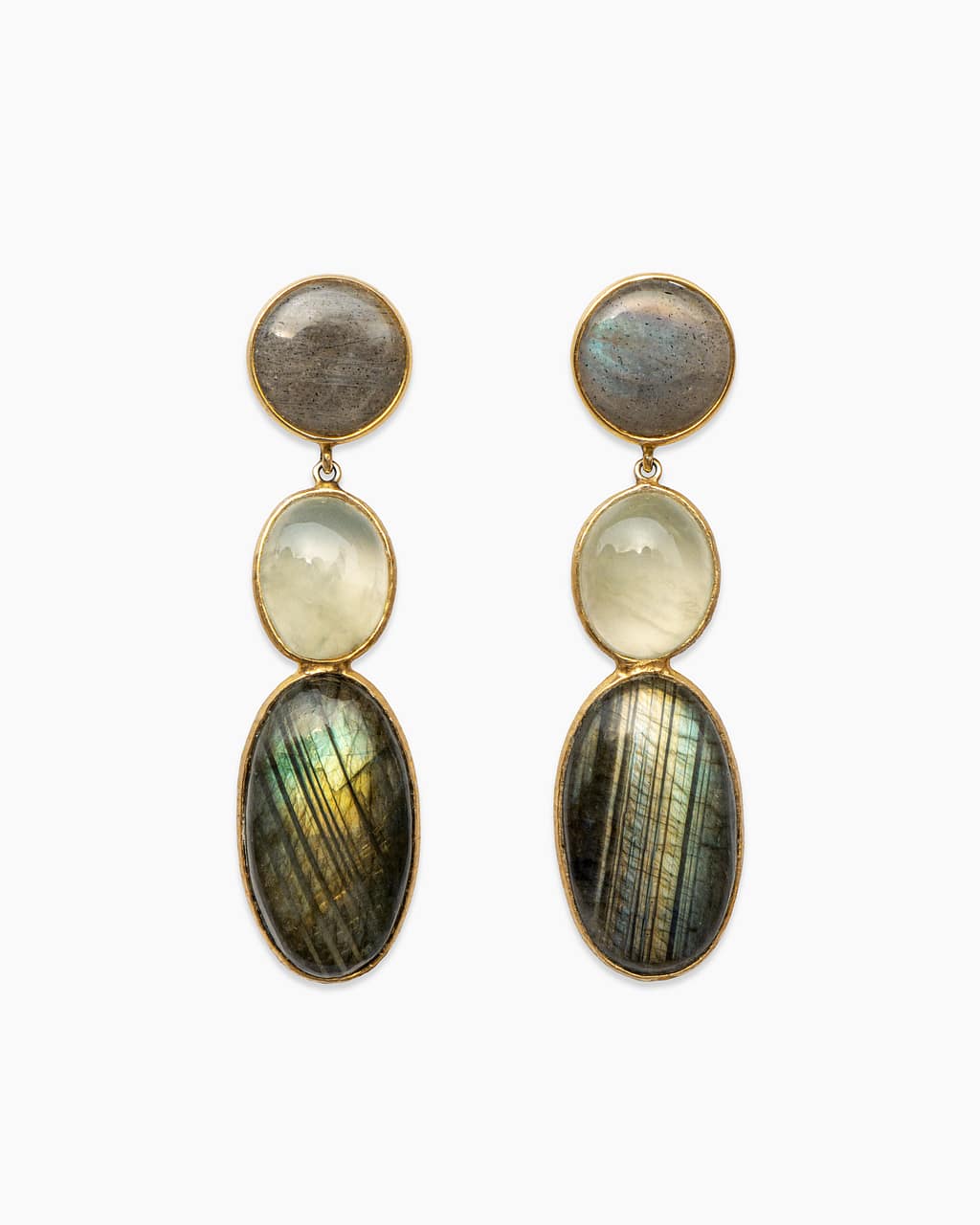 MAVRA drop earrings with grey labradorite, prehnite and green labradorite – front view